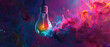 light bulb in blue, in the style of colorful surrealist, poured paint, light orange and magenta, light black and white, photorealistic pastiche, shaped canvas, innovative page design
