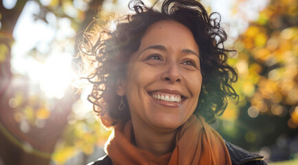 Wall Mural - Mature, woman and portrait of a female laughing in a park for peace, contentment and vitality. Happy, smiling and hispanic person radiating positivity outdoors for peace, happiness and exploration