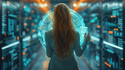 Wall Mural - Office woman wears suit using pocket computer touching infographic hologram around the body. Generative AI.