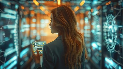 Aufkleber - Office woman wears suit using pocket computer touching infographic hologram around the body. Generative AI.