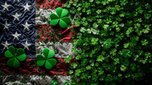 Clover Overlay On American Flag, Symbolizing Irish-American Heritage, St. Patrick's Day Theme.