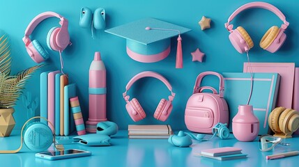 Wall Mural - Back to school. Realistic 3d design of school supplies in cartoon minimal style. Academic cap, books, headphones and smartphone. Generative AI.