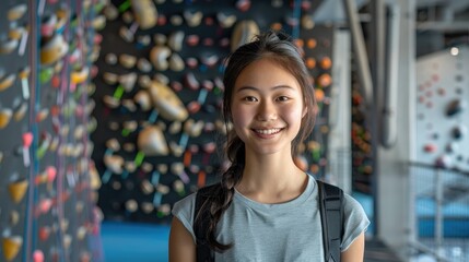 Canvas Print - A happy young asian college girl standing with a rock climbing wall. Generative AI.