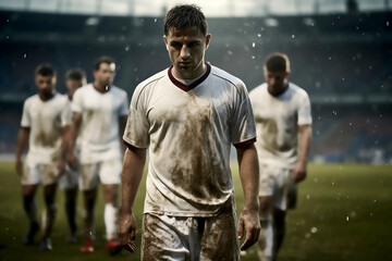 Wall Mural - mens soccer football Dejected and down sports players looking sad and unhappy after losing a game or penalty shoot out in the match stadium depressed knocked out of the league cup tournament white