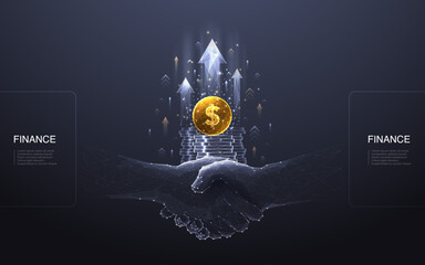 Aufkleber - Partnership and business deal. Abstract digital handshake, golden dollar coin, and growth arrows up on technology dark background. Two partners and money. 3D polygonal wireframe vector illustration.