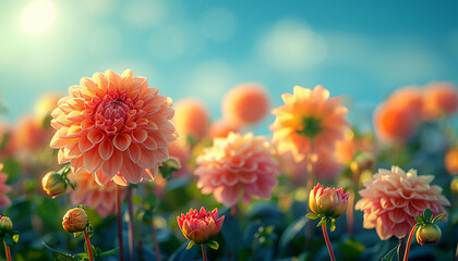 Poster - Pink dahlia field in the spring with beautiful sunlight. Beautiful field with pink and yellow dahlia flowers, garden filled with sun light and dahlias