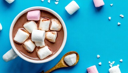 Wall Mural - hot chocolate with marshmallow candies on blue paper background top view copy space