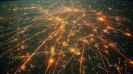 Poster - Many lines of light stretching parabolically through the air from an aerial night view. Generative AI.