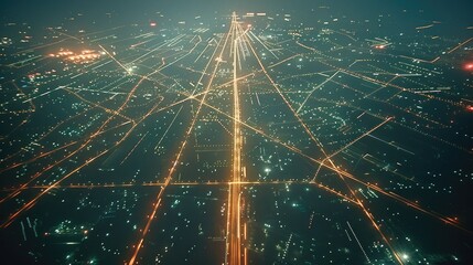 Poster - Many lines of light stretching parabolically through the air from an aerial night view. Generative AI.