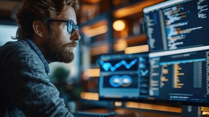 Aufkleber - A developer coding on a computer with cloud infrastructure architecture visualized on a monitor, cloud computing concept. Generative AI.