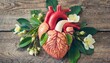 beautiful anatomic heart with flowers and leaves