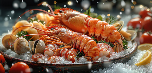 Wall Mural - Seafood platter with lobster, scallops, clams and shrimp on ice. Generative AI.