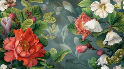 Wall Mural - Fashion oil painting Red hibiscus flower on a dark green background, pastel flowers, peonies, roses, echeveria succulent, white hydrangea, ranunculus, anemone, and eucalyptus, design wedding bouquets.