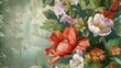 Fashion oil painting Red hibiscus flower on a dark green background, pastel flowers, peonies, roses, echeveria succulent, white hydrangea, ranunculus, anemone, and eucalyptus, design wedding bouquets.