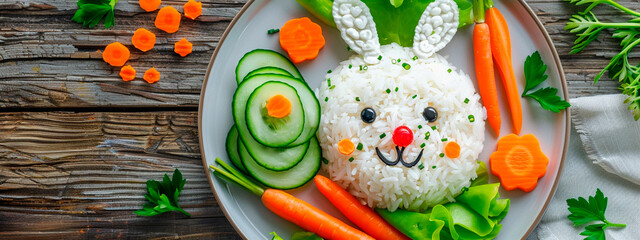 A plate with children food in the shape of an animal. Selective focus.