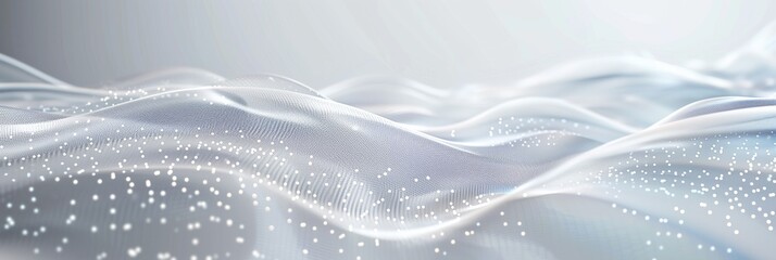 Wall Mural - White and grey futuristic shimmering and wavy medical and AI data science long digital technology background