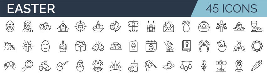 Set of 45 outline icons related to easter. Linear icon collection. Editable stroke. Vector illustration