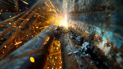 a beautiful studio quality picture of a welder welding structural steel. The picture is taken close up at an angle close enough to appreciate the quality of the welder