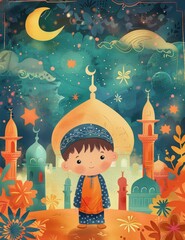 a cover of kids book, islamic book about Ramadan, a cute little boy with a curious expression, he surrounded by vibrant colors and symbols of Ramadan in the style of kids book illustration, cartoon, s