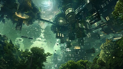 Wall Mural - Quantum Fusion Urban Jungle: A vision of the future where urban landscapes merge with the quantum realm, giving rise to a surreal jungle of interconnected structures pulsating with vibrant energy