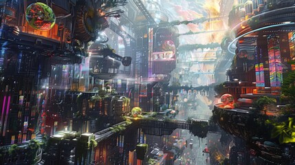 Wall Mural - Quantum Fusion Urban Jungle: A vision of the future where urban landscapes merge with the quantum realm, giving rise to a surreal jungle of interconnected structures pulsating with vibrant energy