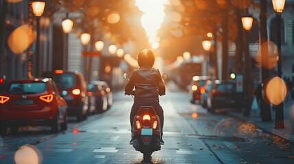 Person on a scooter traveling through city streets in the sunlight. Concept Scooter, City Streets, Sunlight, Urban Transportation, Travel