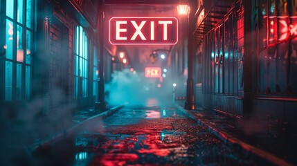 The radiant glow of a neon Exit sign creates a captivating ambiance in a steamy, rain-drenched alley, beckoning with the allure of the unknown.