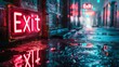 A neon exit sign glows intensely with a red hue, casting reflections on the wet surfaces of a dark, rainy urban alleyway at night.