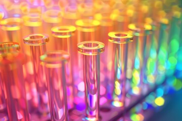 Wall Mural - Rainbow Laboratory Test Tubes, Blurred Background, Color Laboratory Test Tubes on Rack, Research Lab