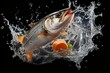 Wild atlantic salmon leaping out of the waters with big splash, black background