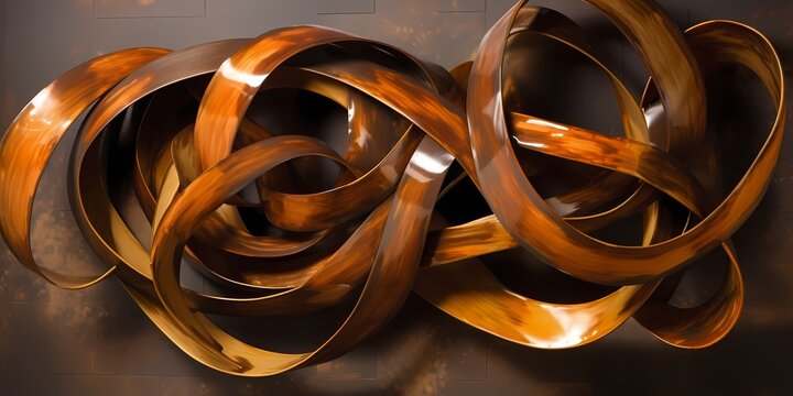 Cascading ribbons of honeyed amber and deep walnut create a stunning contrast, capturing the essence of molten copper and molasses hues in a dynamic, abstract composition.