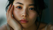 Portrait of Japanese woman, close up shot of velvety, soft and smooth facial skin