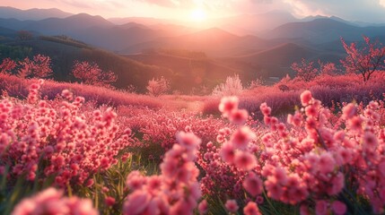 Wall Mural - hills rolling under the gentle spring sunshine, adorned with peach and pear blossoms in full bloom, creating a tapestry of pink and white against the fresh green grass, symbolizing rebirth and peace.