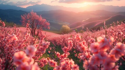 Wall Mural - hills rolling under the gentle spring sunshine, adorned with peach and pear blossoms in full bloom, creating a tapestry of pink and white against the fresh green grass, symbolizing rebirth and peace.