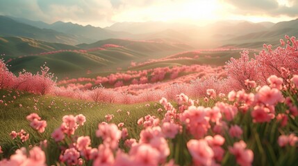 Canvas Print - hills rolling under the gentle spring sunshine, adorned with peach and pear blossoms in full bloom, creating a tapestry of pink and white against the fresh green grass, symbolizing rebirth and peace.