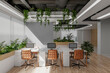 A modern open-plan office with abundant natural light, minimal interior