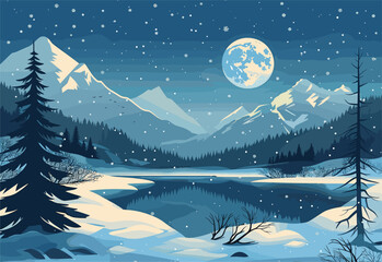 Wall Mural - The full moon illuminates the snowy lake, encircled by majestic mountains under the starry sky, creating a magical natural landscape