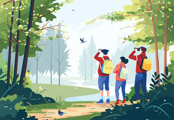 Wall Mural - A group of people are leisurely observing birds in a natural landscape surrounded by trees, grass, and greenery. They are enjoying the serene event in the woods