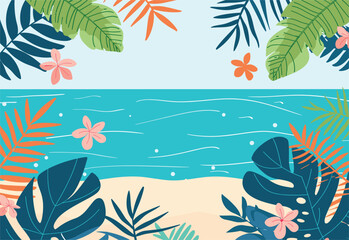 Wall Mural - A scenic beach adorned with lush tropical plants, green leaves, and vibrant flowers, with the azure blue ocean in the background, showcasing the beauty of nature