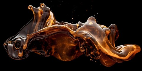 Abstract shapes emerge as molten copper and molasses merge together, forming a surreal and otherworldly liquid tableau.