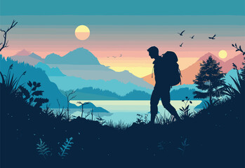 A man with a backpack is hiking in the azure mountains near a tranquil lake, surrounded by trees and under the sunlight. He looks happy and at peace in the natural landscape