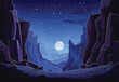 © J.V.G. Ransika - A cartoon illustration depicting a canyon under a full moon in the night sky, creating a mysterious and atmospheric world of art and space