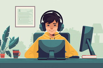 Wall Mural - Boy student wearing headphones, table, monitor, modern character design Flat design style vector graphics