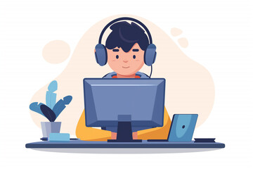 Wall Mural - Boy student wearing headphones, table, monitor, modern character design Flat design style vector graphics