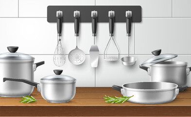  Kitchen utensils. Realistic cookware on wooden table. Steel pots with glass lids and pans, cooking accessories skimmer, whisk and spatula, home kitchenware, isolated elements. Vector concept