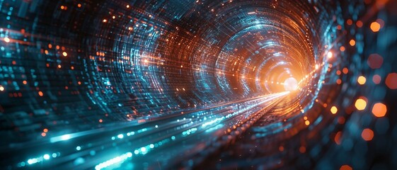 A matrix background with a dynamic flow of binary code through a circle gateway.
