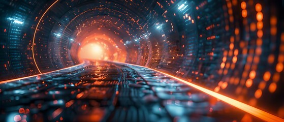 A matrix background with a dynamic flow of binary code through a circle gateway.

