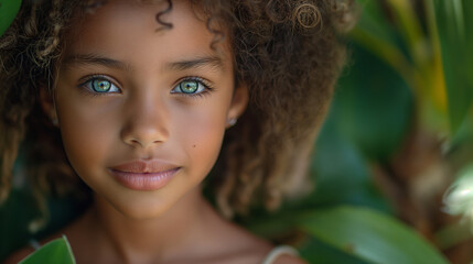 Copy space. Beautiful small black girl with curly hair and green eyes. Happy childhood. Natural child beauty concept. Selective focus.