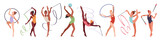 Fototapeta Panele - Artistic rhythmic gymnasts. Acrobatic girls with ribbons, balls and hoops, flexibility and lightness, professional athletes. Sports performance cartoon flat style isolated tidy vector set
