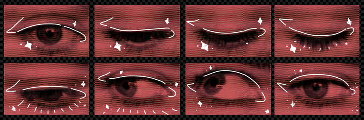 Poster - A pack of red eyes cut out as if from a magazine. An isolated look. Vector halftone rainbow elements for collage with different emotions. Frame to frame animation